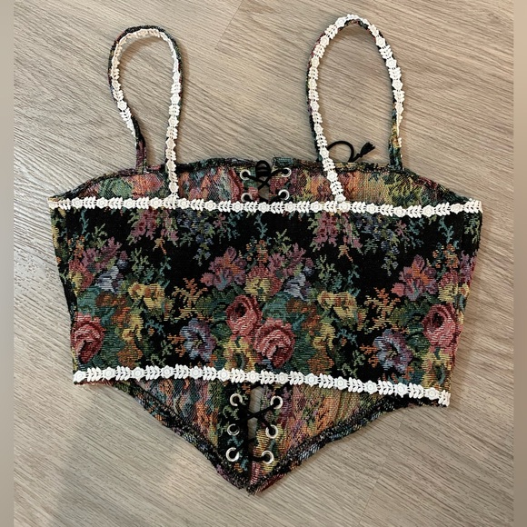 Floral tapestry lace-up corset vintage-style fairycore bustier tank top - Picture 9 of 10